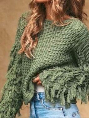NEW! Soleil Fringed Mock Neck Sweater - Sage Green M
